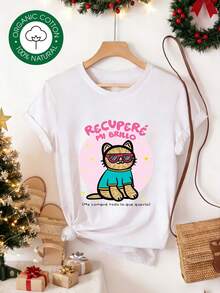 Camiseta de Algodón Suave para Mujer Talla Grande con Diseño de Gato Lindo y Gafas de Sol Rosas, Frase "Recupere Mi Brillo", Vestidos de Moda para Mujer, Verano Casual, Perfecta para Todas las Estaciones, Tallas S M L XL - [Blanco] - Ver 5