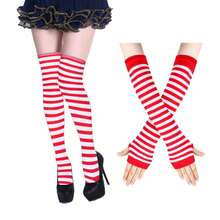 Benefeet Sox Womens Rainbow Striped Knee High Thigh High Socks Arm Warmers Set Fingerless Gloves Halloween Costume - Đỏ Trắng - Xem 1