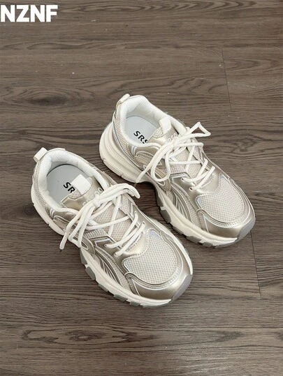 NZNF Trending Flattering Chunky Sneakers For Women, White Chunky Vintage Increased Height Low-Top Casual Shoes, Autumn 2025 New Arrival