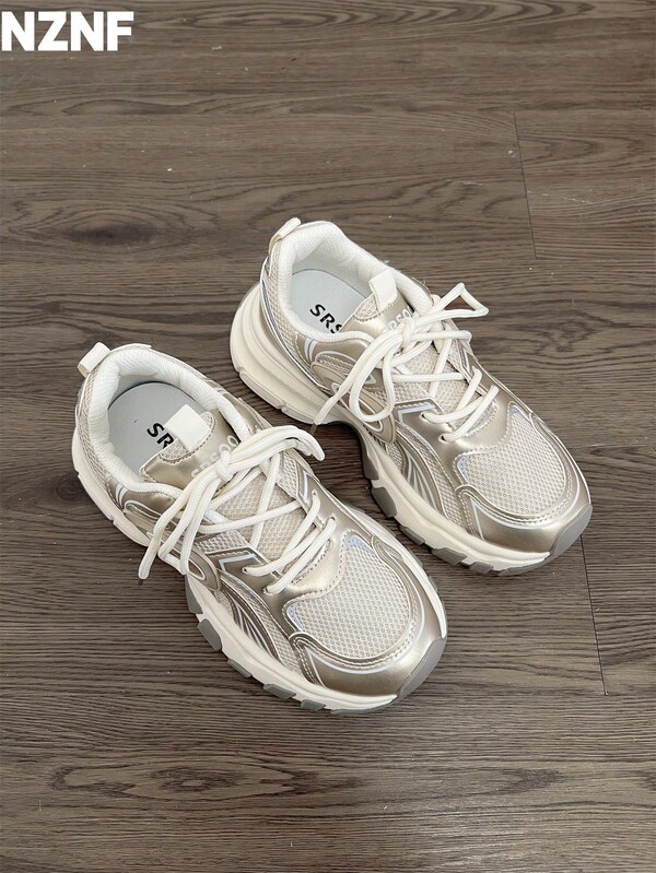 NZNF Trending Flattering Chunky Sneakers For Women, White Chunky Vintage Increased Height Low-Top Casual Shoes, Autumn 2025 New Arrival