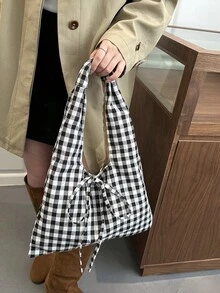 时尚甜美格纹高端简约包包，2026新款复古风女士大容量包 - 黑色 - 查看 6