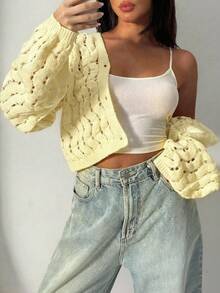 Spring/Summer New Women Knitted Cardigan, Casual Street Style, Hollow-Out Design With Button, Long Sleeve Solid Color Jacket With Unique Design - Light Yellow - View 3
