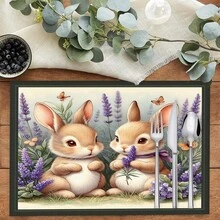 1pc/4pcs/6pcs/8pcs Vintage Rabbit Art Print Linen Placemats, Easter Gift, Easter Decor, Suitable For Dining Table, All Season Decoration, Modern Washable Tabletop Mat, Room Decor, Coasters, Kitchen Dining Placemats, Indoor Outdoor Party Decoration, Home Decor, Ideal Gift - Multicolor - View 5