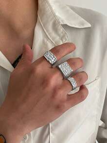 3件套复古摇滚嘻哈风方形纹理金属宽戒圈套装，朋克设计，适合街头风、度假、派对、婚礼、日常佩戴，男女皆宜的礼物 - 戒指 - 查看 10