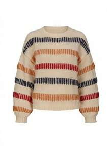 Plus-Size Colorful Striped Sweater, Women's Openwork Knit Sweater - 卡其色 - 查看 3