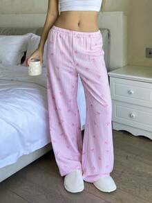 Women's Pink & White Striped Bow Print Woven Fabric Pants, Bow Print Wide Leg Casual Loose Trousers For Home, Everyday Wear, All Seasons Vacation - Pink - View 3