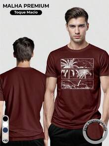 Men's T-Shirt, 100% Cotton, Palms Print - 紫紅色 - 查看 3