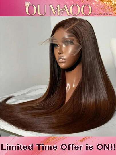 Straight Lace Front Wigs Human Blended Hair 13x6 13x4 5x5 HD Transparent Lace Front Wig Human Blended Hair Straight 34 Inch -200% Density Pre-Plucked Glueless Wig, Chocolate Brown Color & Easy No-Glue Install, Ready-To-Wear & Everyday Chic For Women