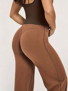 Pantalones de chándal anchos y sueltos de color liso casual - Café integral - Ver 4