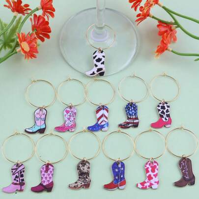 10/12pcs Creative Painted Mini Turtle, Western Cowboy, Cross Series Wine Glass Charms, Animal Themed Wine Glass Identifiers, Champagne & Wine Drink Labels, Suitable For Parties, Weddings, Birthdays, Bachelorette Parties And Other Celebration Events