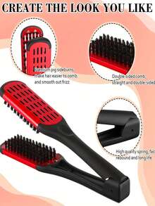 2pcs/Set Straight Hair Comb, Clip On Double-Sided Comb And V-Shaped Styling Comb, Suitable For Smoothing Tangled And Messy Hair (Black, Red), Straightener V-Shaped Clamp Comb, Hair Styling Straight Roll Dual-Use Comb Without Charging, Household Straight Hair Clamp Comb, Straightening Clamp V-Shaped Straight Hair Comb - Multicolor - View 4