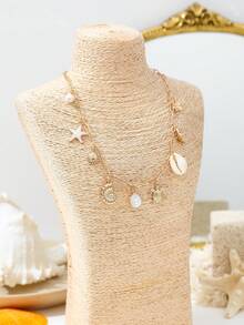 1 buah Kalung Liontin Wanita dengan Liontin Kerang Pantai, Mutiara, Enamel, Bintang Laut, Kura-kura, Kupu-kupu, Rantai Emas - Emas - View 4