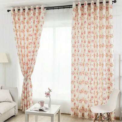 1pc Perforated Ditsy Floral Sweet Print Curtain, Refreshing Pastoral Style For Living Room, Bedroom, Balcony, Semi-Blackout