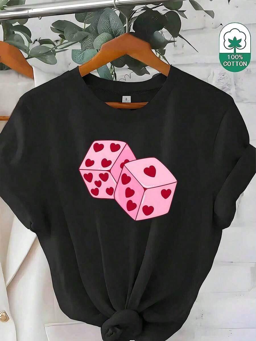 Women'S Fashion Short Sleeve Top 180G, Dice Print Black And White-Shirt - Regular Version,% Fabric-Shirt, Comfortable And Elastic, Suitable Daily, Travel Or Fitness Breathable Soft |   Leisure Summer1 Pcs Cartoon Letter Graphic Print-Shirt 200g  Heavy% Polyester Filament Fiber Shirt - Black - View 1