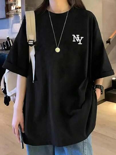 女士休闲宽松圆领纯棉短袖T恤，字母卡通印花，适合春夏穿着