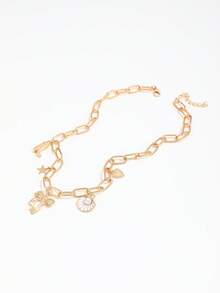 1件时尚甜美法式蝴蝶结吊坠项链，饰有珐琅、油滴、扇贝珍珠、西部牛仔靴、星星和休闲链条 - 金色 - 查看 4