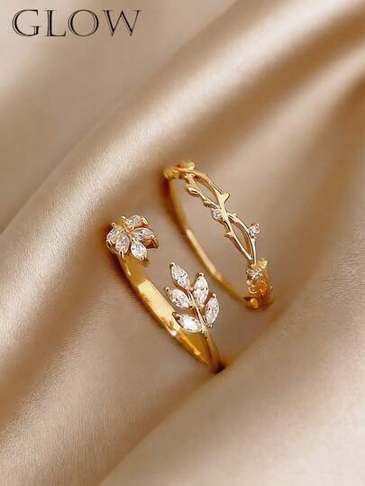 2pcs Elegant Luxury Hollow Flower Copper Alloy Rings, Suitable For Young Girls Everyday And Holiday Wear
