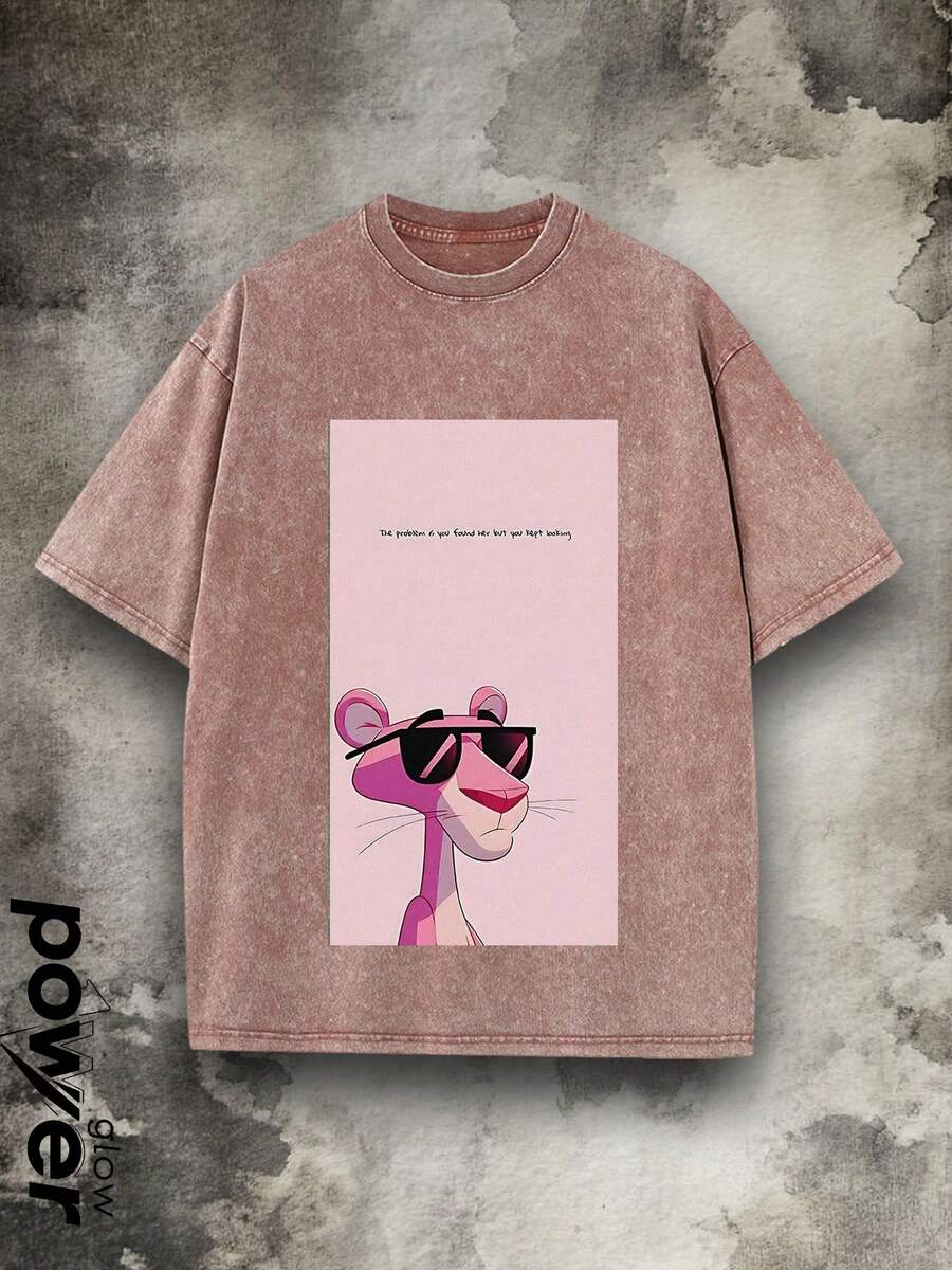 Wearing Sunglasses Graphic. Men's Washed And Distressed Short-Sleeved T-Shirts, 230g 100% Pure Cotton, Men's Summer Clothing. - 摩卡棕 - 查看 1