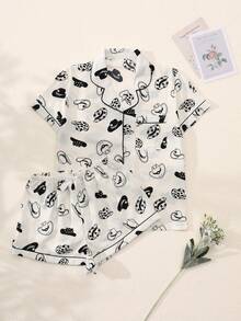 2Pcs Women's Denim Hat Printed V-Neck Button Short-Sleeved Single-Breasted Top And Pants Pajama Set, Summer Pajama Set, Comfortable At Home. - Black and White - View 1