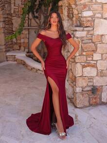 ADYCE Elegant Ruffle Waist Slit Thigh High Slit Off-Shoulder Formal Maxi Dress, Suitable For Prom, Birthday Party, Formal Dinner, Date, Homecoming, Wedding Guest, Formal Gala, Family Gathering - Burgundy - View 7