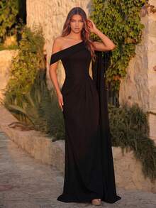 ADYCE Đầm dài tay lệch vai thanh lịch dành cho nữ, thích hợp cho dạ hội, tiệc sinh nhật, tiệc tối trang trọng, hẹn hò, lễ hội, dự đám cưới, dạ tiệc trang trọng, họp mặt gia đình, kỳ nghỉ, năm mới và các dịp khác. Màu đen mùa xuân. - màu đen - Xem 3