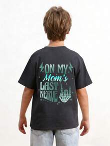 Tween Boy "ON MY MOM'S LAST NERVE" Letter Print T-Shirt, Suitable For Casual, Streetwear, School, Events, Family Gatherings, Fashionable Boys' Summer Top - Dark Grey - View 2