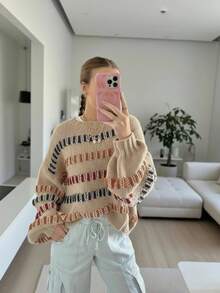 Plus-Size Colorful Striped Sweater, Women's Openwork Knit Sweater - 卡其色 - 查看 2