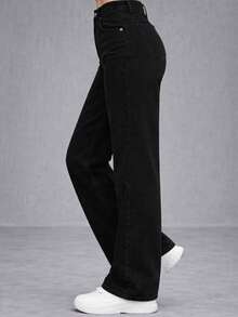 Women's Black Wide Leg Jeans, High Waist, Palazzo Style - 黑色 - 查看 3