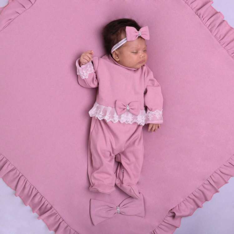 Sweet Princess Baby Girl's Complete Hospital Outfit Kit With Lace, 3-Piece Set, 100% Cotton, Baby Blanket And Headband - 乾枯玫瑰色 - 查看 1