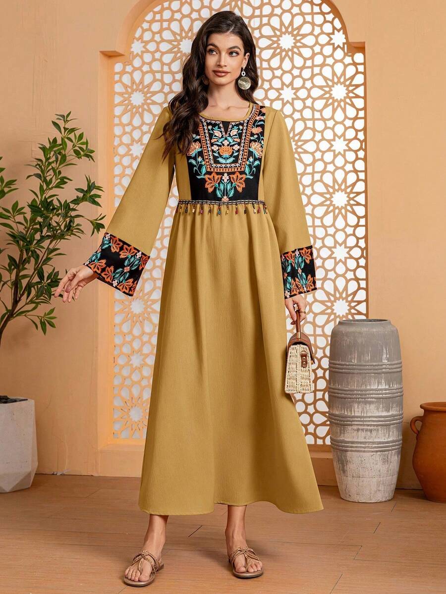 Women's Arabic Style Long Sleeve Round Neck Embroidered Patchwork Beaded Hem Dress, Everyday Wear - Ginger - View 1