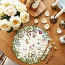 1 pieza/Set Mantel individual redondo de lino con estampado floral y de mariposas en verde, de 38cm, decoración de mesa de cocina y comedor de temporada, decoración del hogar de primavera, boda - Multicolor - Ver 3