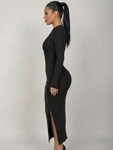 Sleek Women's Rib Knit Long Sleeve Maxi Dress Ruched Lettuce Trim Round Neck Asymmetrical Hem Bodycon Style - màu đen - Xem 2