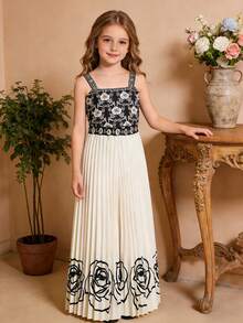 2pcs/Set Tween GirlsFashionable Elegant Ditsy Floral Camisole And Wide Leg Pants Outfit, Summer - Apricot - View 4