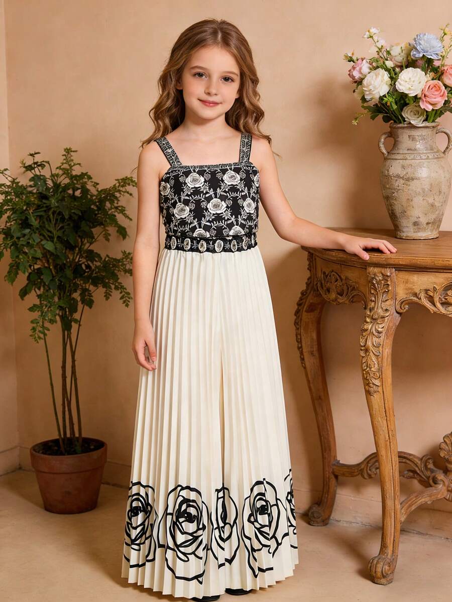 2pcs/Set Tween GirlsFashionable Elegant Ditsy Floral Camisole And Wide Leg Pants Outfit, Summer - Apricot - View 1