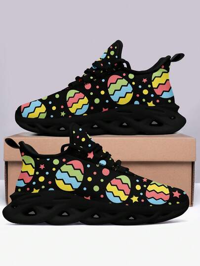 イースターエッグ フラワー レディーススニーカー、軽量 通気性 快適 ローカット レースアップシューズ、プラスサイズ ユニセックス ファッション アウトドアシューズ