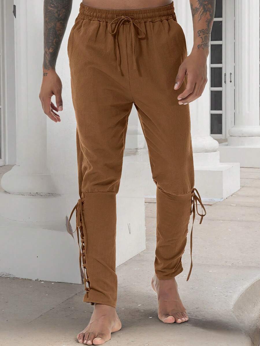 Men's Loose Pants, Medieval Costume Men's Pirate Pants, Renaissance Viking Pants With Pockets, Casual Trousers - Brown - View 1
