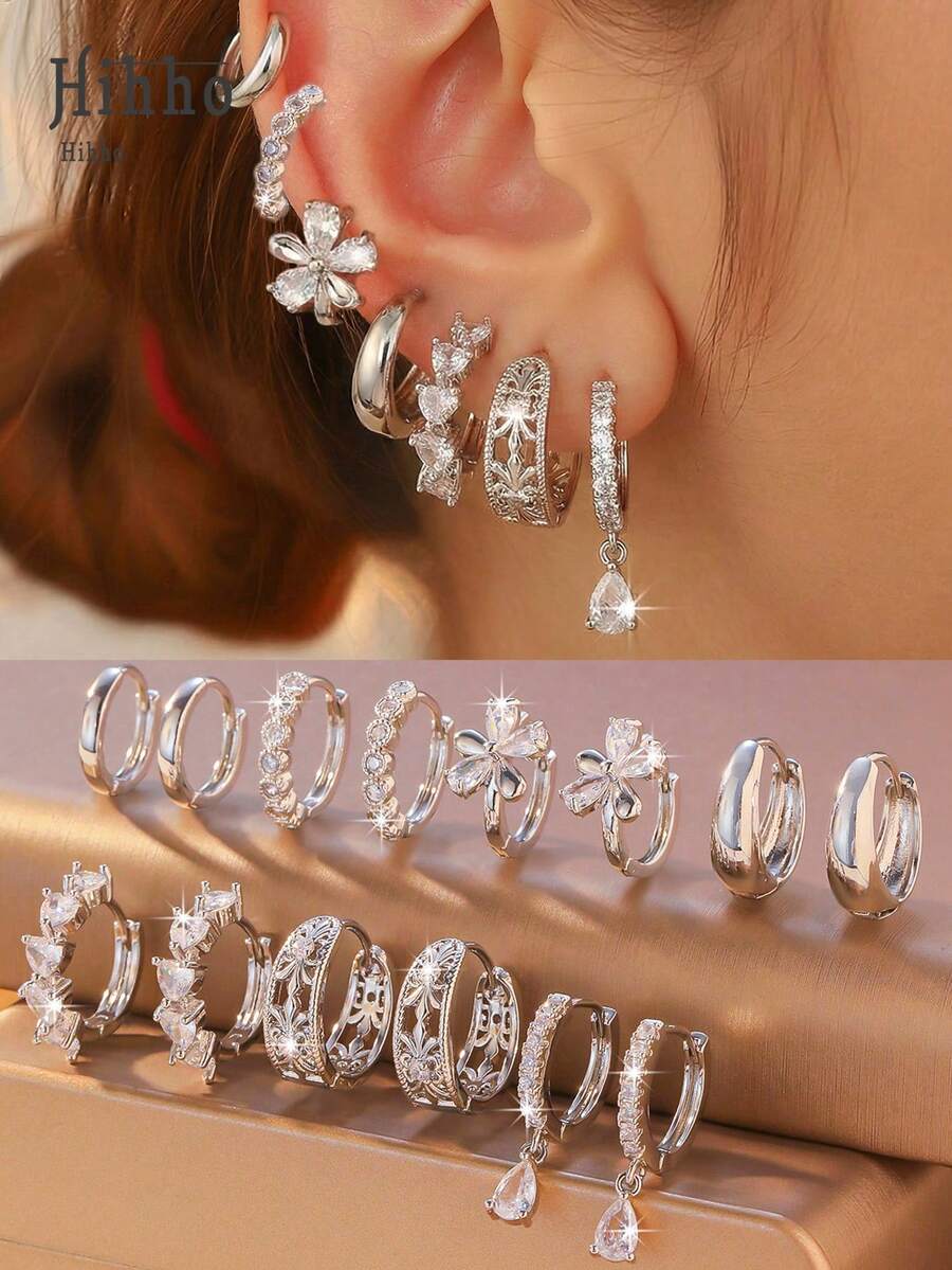 Hihho 14pcs Silver Zirconia Multi-Style Hoop Earrings Set, Minimalist Plain Hoops / Flower / Heart / Water Drop Pendant Earrings, Luxurious Layered Accessories For Daily Wear, Versatile Designs To Create A Sophisticated Look