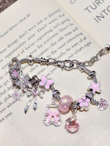 1pc Pink Charm Bracelet, Ribbon Bow Bear Bracelet, Fashionable Street Bracelet, Classic Pink Sakura Flower Bracelet, Heart Party Music Festival Bracelet - 粉色 - 查看 2