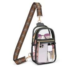 Stadium Approved Clear Sling Bag - Adjustable Crossbody Purse For Concerts & Games (PVC Leather) - 黑色+1.5寸黑棕菱形小花提花織帶(001BAC) - 查看 9