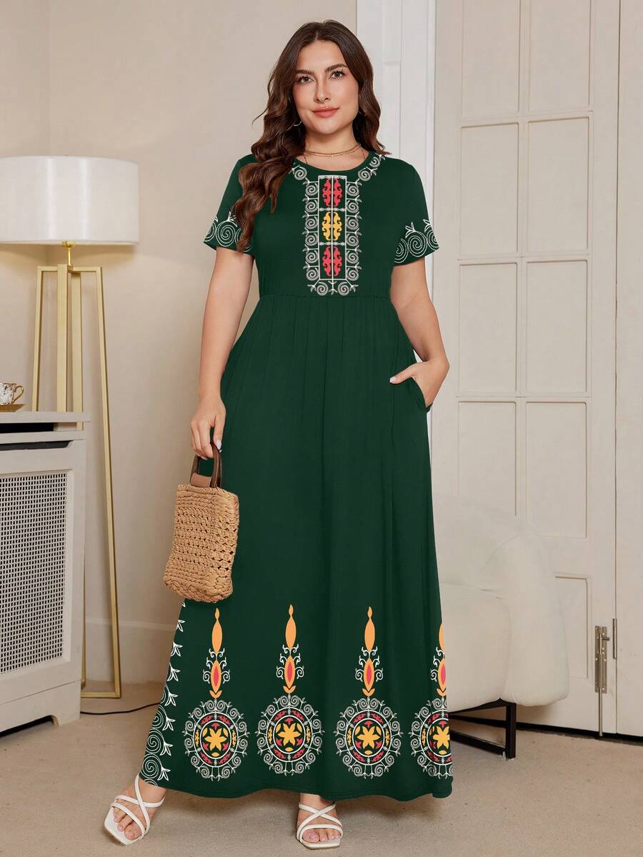 DEARCASE Plus Size Printed Pocket Short Sleeve Dress - Dark Green - View 1
