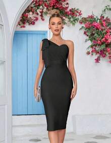 Lace Up  One Shoulder Bow Bodycon Midi Graduation Birthday Dinner Dress - Black - View 1