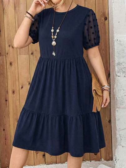 Vestido azul marino de manga corta, ajustado y acampanado, de talla grande, con mangas de obispo de lunares transparentes y bajo acampanado