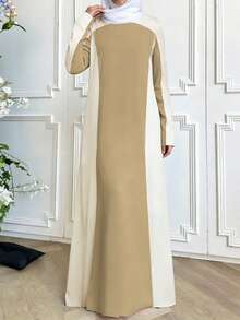 春季新款斋月休闲长裙，米色和浅棕色拼接圆领，优雅大方，适合日常出行和轻度社交场合。 - 彩色 - 查看 2