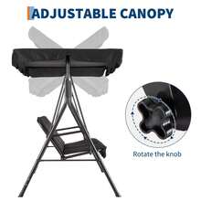 Columpio de patio para 3 personas, hamaca colgante para porche exterior con toldo y reposabrazos ajustables, asiento y respaldo de textileno transpirable, banco columpio para jardín, piscina y patio trasero. - Negro - Ver 4