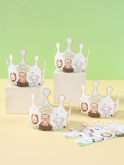 6顶丛林动物生日帽，皇冠造型派对帽，丛林动物主题“野性十足”派对装饰用品，一周岁生日派对用品，丛林动物生日派对装饰，生日快乐装饰，迎婴派对装饰帽，新生儿派对摄影道具，性别揭晓派对装饰，生日礼物，生日派对配件，蜜月宝宝“野性十足”派对头饰，派对小礼物