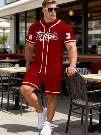 Black Geometric Letter Print Plus Size Men's Short Sleeve Set, Fashionable Drawstring Shorts & Tee Suit, Summer Casual Sports Outfit, 100% Polyester Lightweight 2-Piece Set