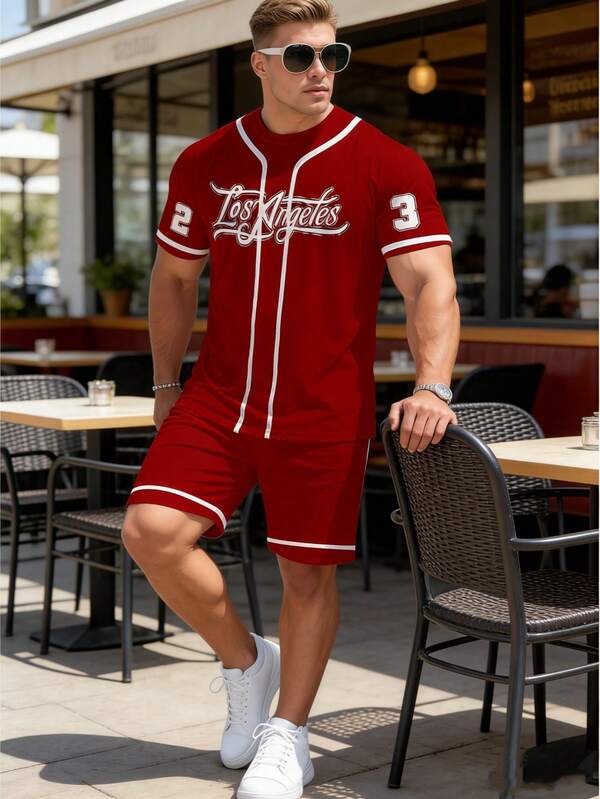 Black Geometric Letter Print Plus Size Men's Short Sleeve Set, Fashionable Drawstring Shorts & Tee Suit, Summer Casual Sports Outfit, 100% Polyester Lightweight 2-Piece Set