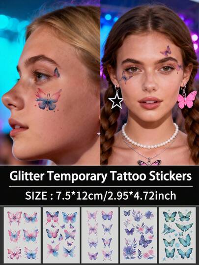 5Pcs Tattoo Music Festival Temporary Tattoo Y2K Butterfly Glitter Waterproof Sweatproof Disposable For Women And Mem Face, Arm, Waist, Chest, Leg, Abdomen, Neck, Hand, Finger, Back For Dancing Party Stage Performance Modernist Body Art