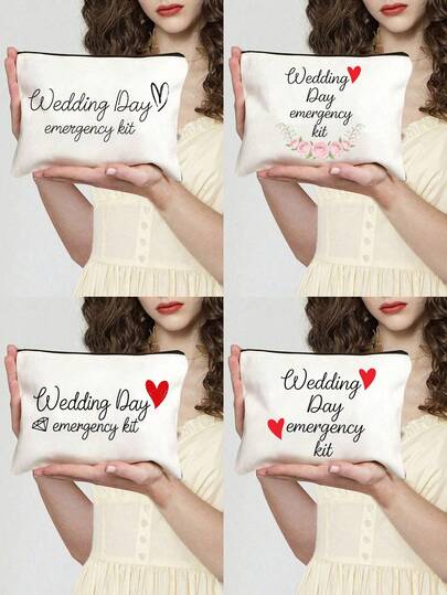 印有“婚礼应急包”图案的化妆包，婚礼旅行洗漱收纳包，卫生巾收纳包，数据线收纳包，配件收纳包，婚礼应急包，便携式化妆包，多功能包，旅行化妆包，字母图案拉链收纳包