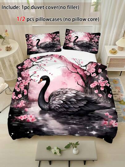 2/3件套儿童黑天鹅图案被套床上用品套装，双面柔软印花被套，单人/双人尺寸可选，适合青少年男孩女孩，四季通用拉链封口